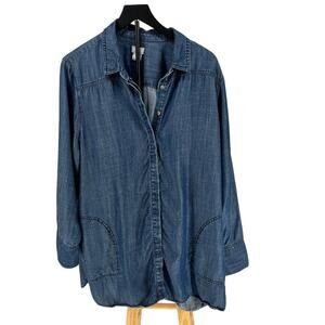 Chicos Chambray Long Sleeve Buttonup Shirt Size 18 Mature Woman Coastal Basic